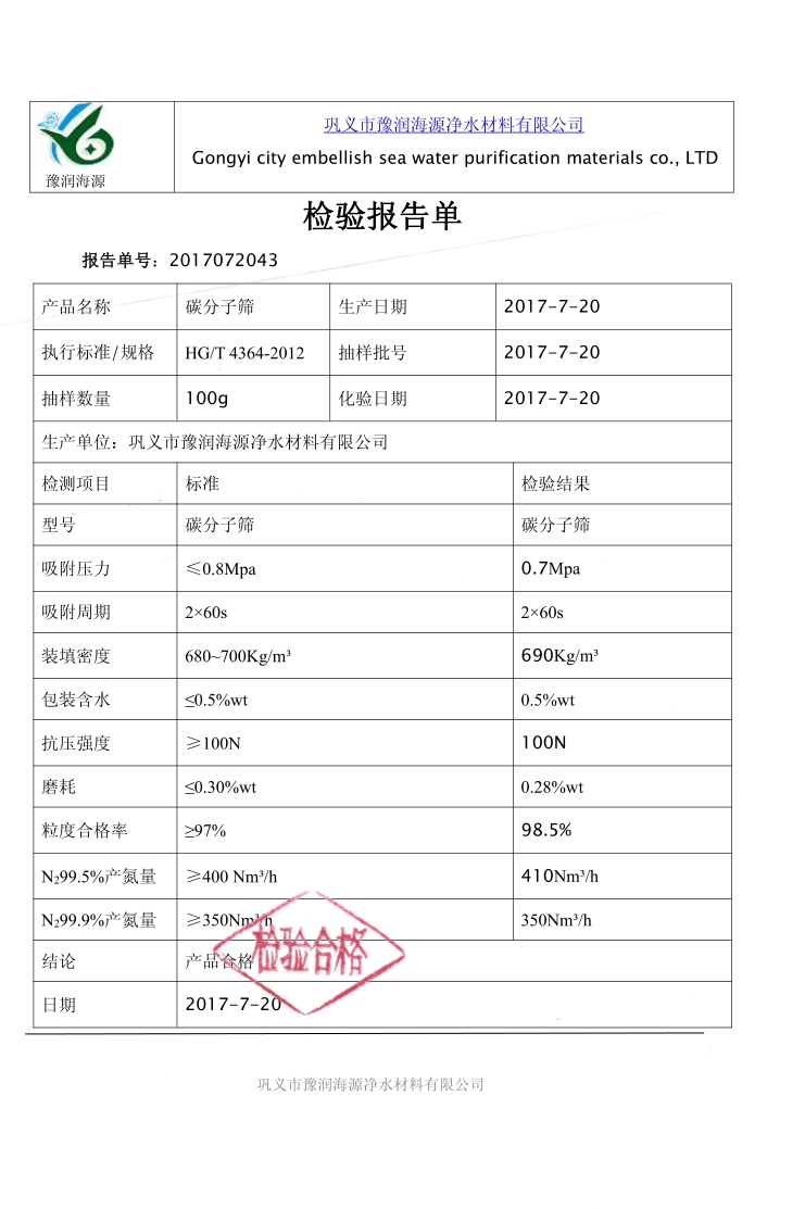 cms碳分子篩質(zhì)量檢驗(yàn)報(bào)告